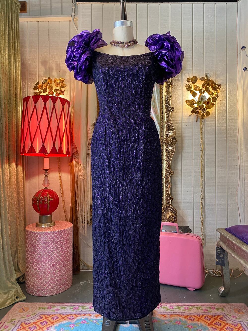 vintage 1980s purple metallic gown, statement dress, ruffled sleeves, 80s retro